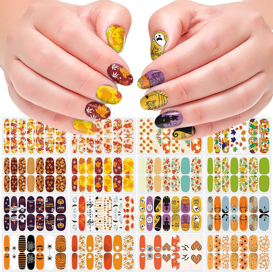 DANNEASY 16 Sheets Fall and Halloween Nail Wraps Holiday Nail Polish Stickers for Women Self Adhesive Nail Polish Strips Gel Nail Strips Fingernail Stickers with Nail File, Cuticle Stick