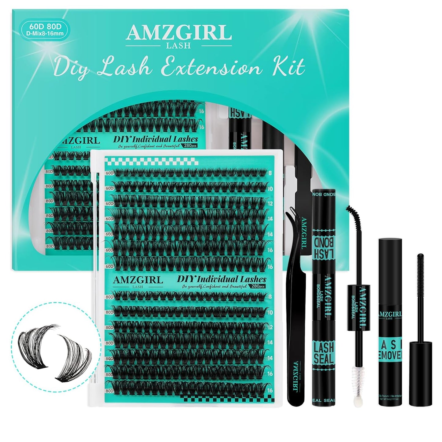 Lash Clusters Kit 280Pcs,60D 80D Eyelash Extension Kit,Lash Bond and Seal Waterproof,Lash Remover for Individual Cluster Lashes Kit,Lash Applicator Tool for DIY Lash Extension Kit(D-Mix9-16mm Kit)