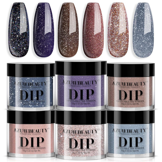 AZUREBEAUTY Dip Powder Nail Set 6 Colors Dark Light Blue Purple Brown Wine Red Shimmery Sparkle Shiny Fall Winter Dipping Powder Starter Kit French Nail Art Manicure Salon No Need Nail Lamp Cured