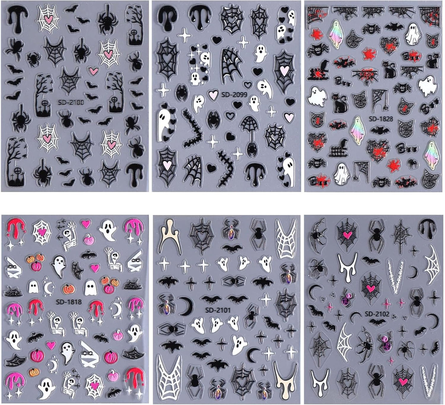Halloween Nail Stickers Cute Ghost Nail Decals 5D Self Adhesive Pumpkin Spider Web Bat Blood Drop Stars Moon Nail Art Design Stickers for Women Girls 6 Sheets