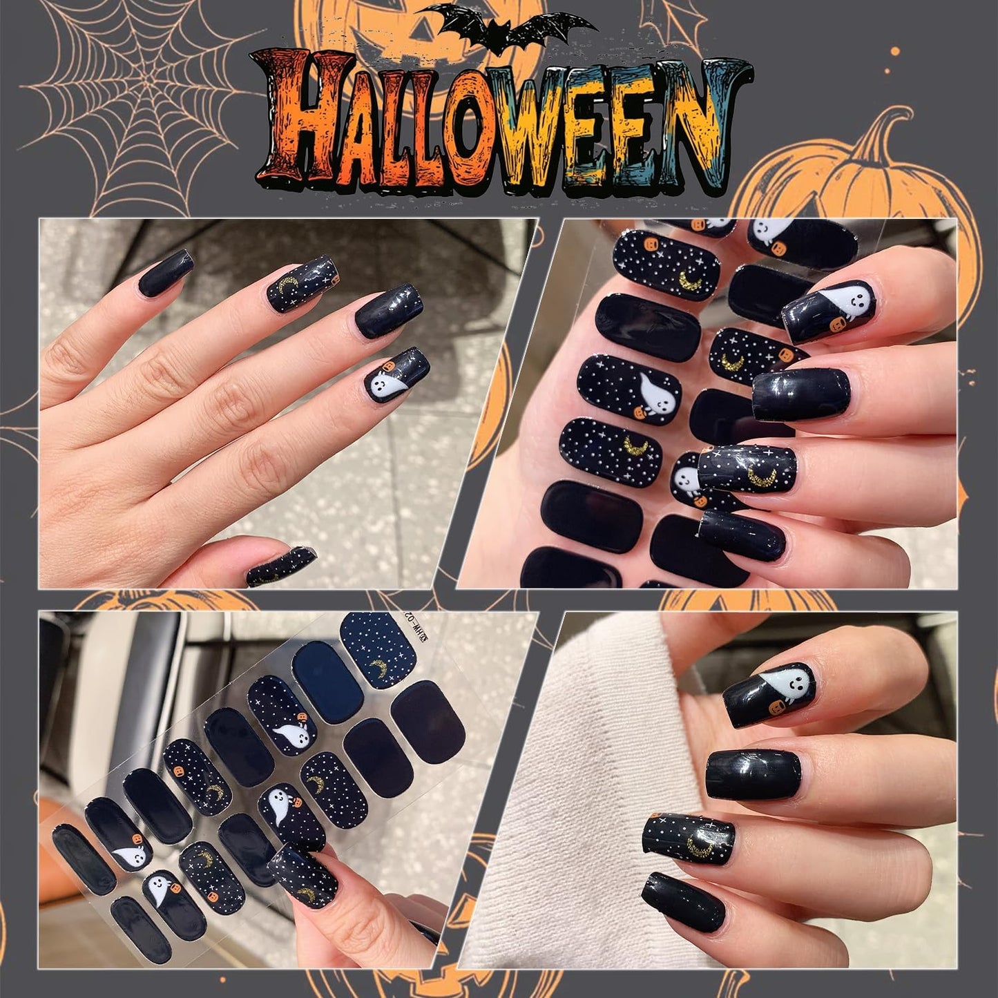 6 Sheets Halloween Gel Nail Strips Ghost Bat Pumpkin Nail Polish Stickers Maple Leaf Pumpkins Thanksgiving Gel Nail Stickers Self-Adhesive Halloween Holiday Nail Polish Strips for Women Nail Decor