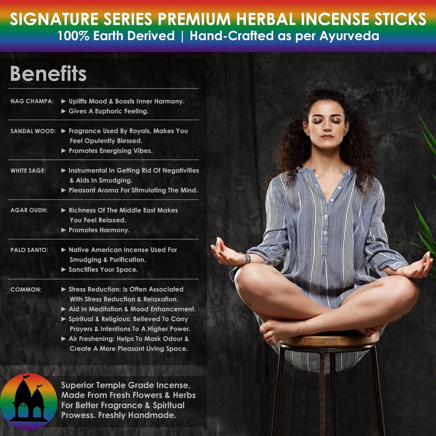 Signature Incense Sticks Gift Set | 120 Natural Hand-Rolled Non-Toxic Agarbatti with Holder | Sandalwood, Nag Champa, Oudh, Palo Santo, Lavender, Sag | Aromatherapy Meditation Pooja Home