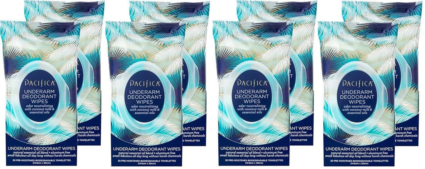 Pacifica Beauty Coconut Milk & Essential Oils Underarm Deodorant Wipes, Helps Remove Odor, Aluminum-Free, Vegan & Cruelty-Free (Pack of 8) | 240 wipes Total