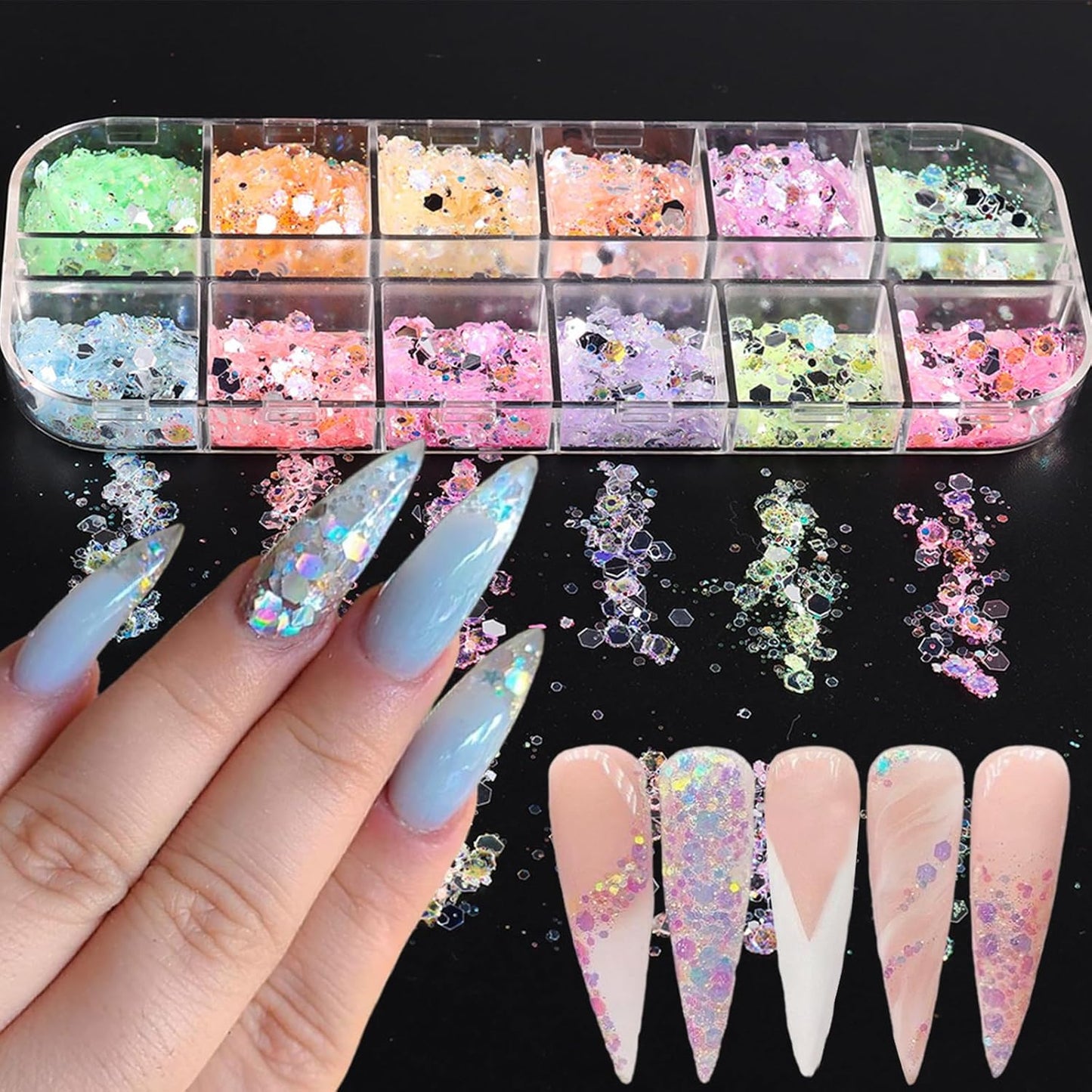 12 Grids Colorful Mermaid Nail Sequin Holographic Nail Art Glitter,Iridescent Nail Art Flake Glitter Decals Glass Paper Design Nail Accessories Acrylic Nails for Women Make Up DIY Nail Decoration