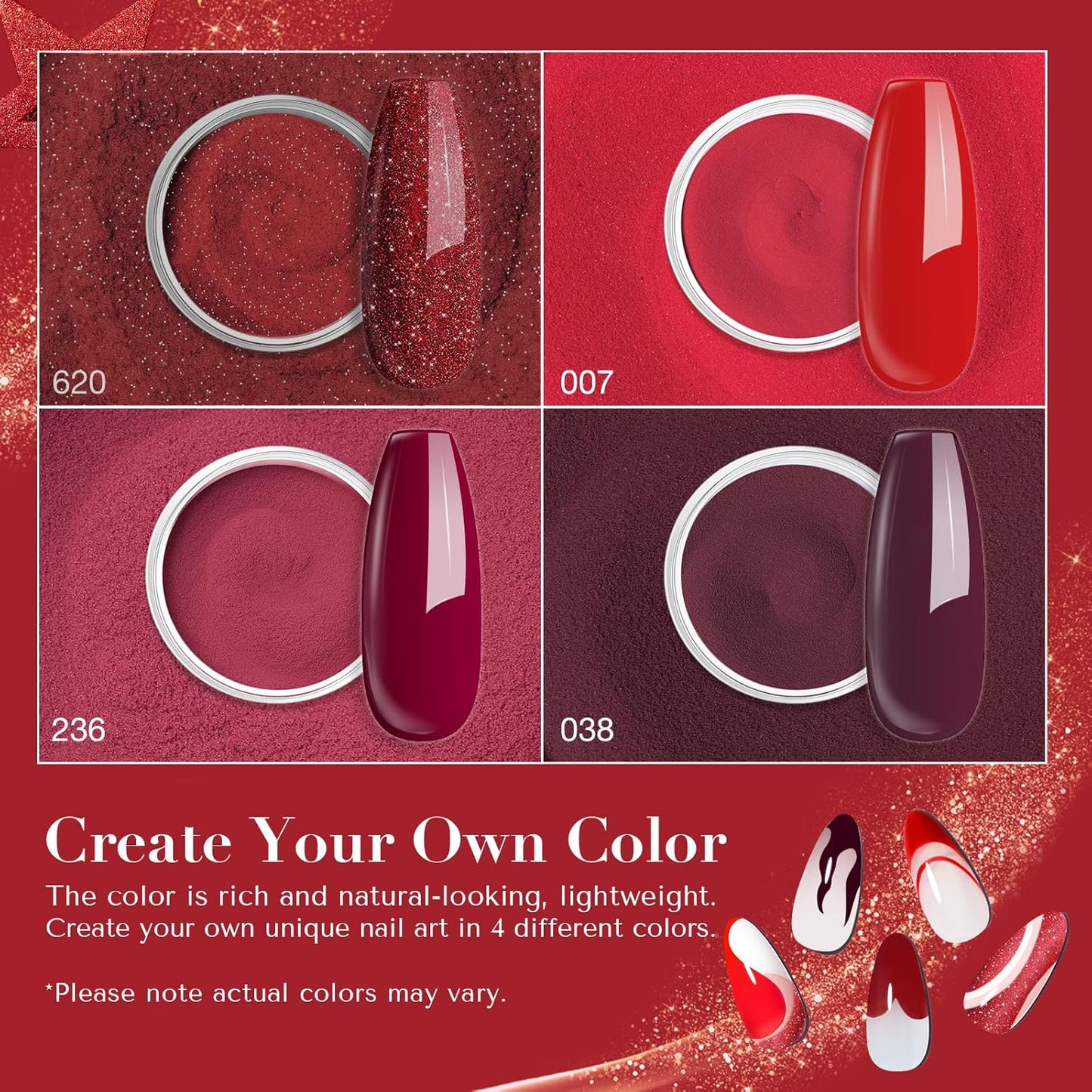 AZUREBEAUTY Dip Powder Nail Kit,4 Colors Red Burgundy Berry Dipping Powder System Liquid Set Recycling Tray with Base & Top Coat Activator for French Nail Art Manicure Salon DIY