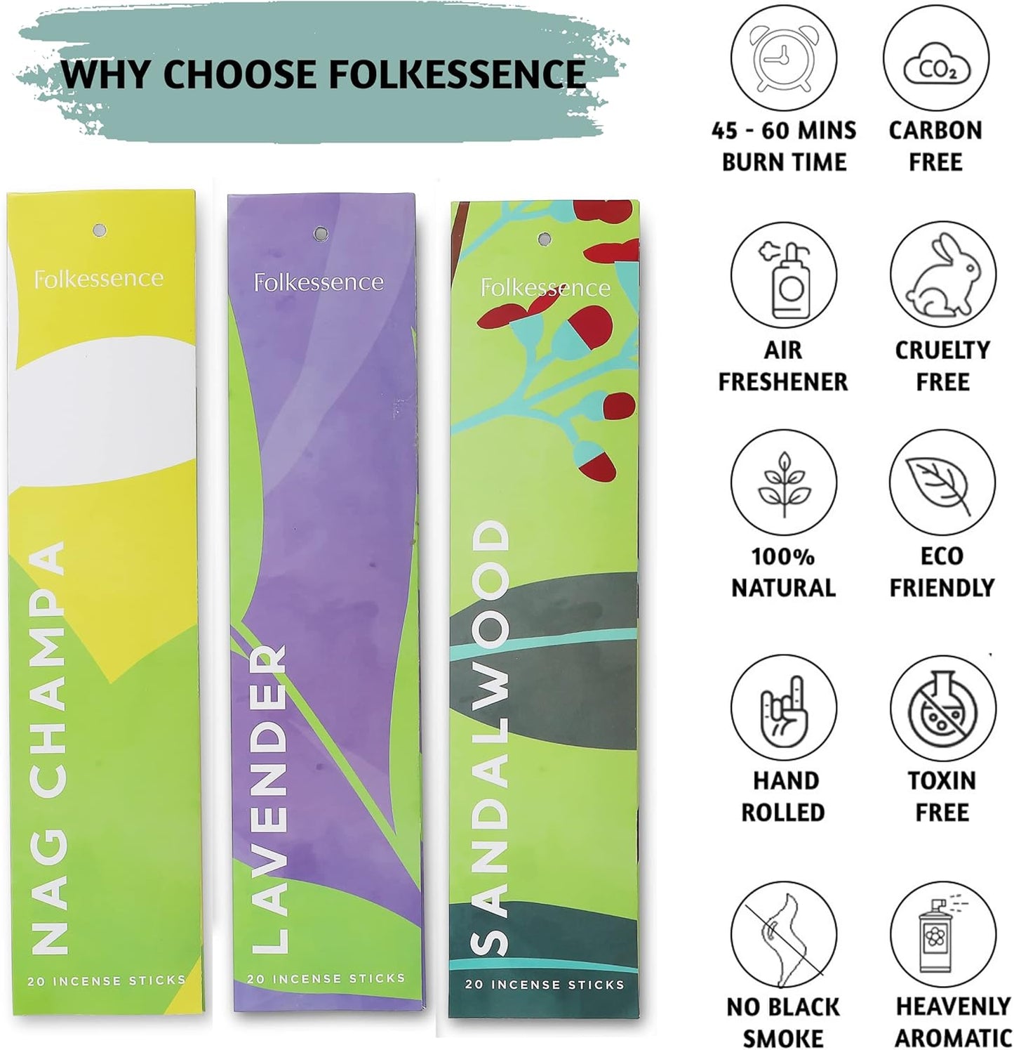 Folkulture Incense Sticks | Set of 6 (120 Non Toxic Insence-Sticks) with 45 Mins Burn Time | Lavender, Frankincense, Rose and Geranium, Jasmine, Sandalwood | Organic Nag Champa Inscents-Sticks