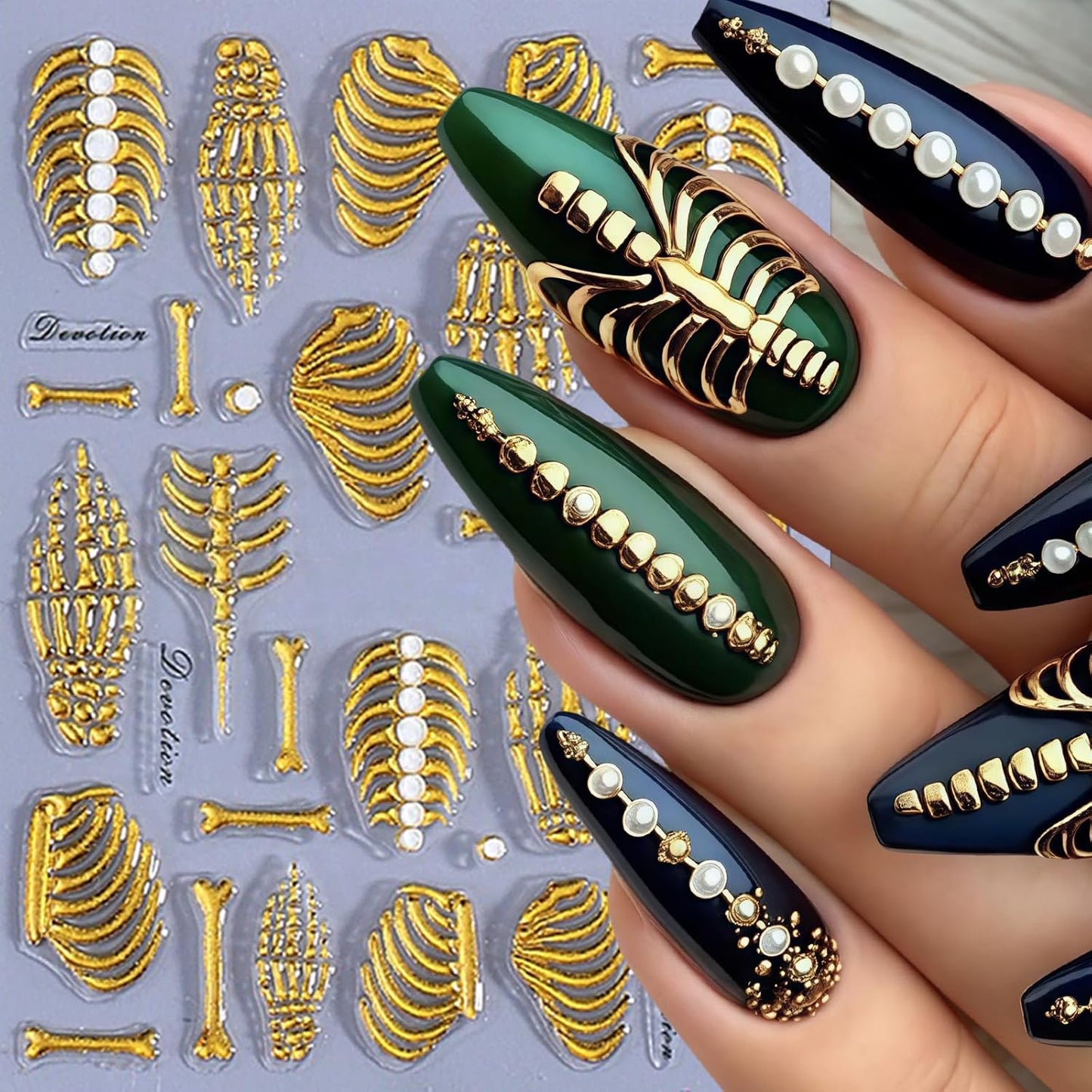 3 Sheets 5D Embossed Skull Nail Stickers for Nail Art Skeleton Nail Decals White Hand Bones Finger Skeleton Halloween Nail Art Supplies Gothic Nail Sticker for Women Halloween Nails Tips Decoration