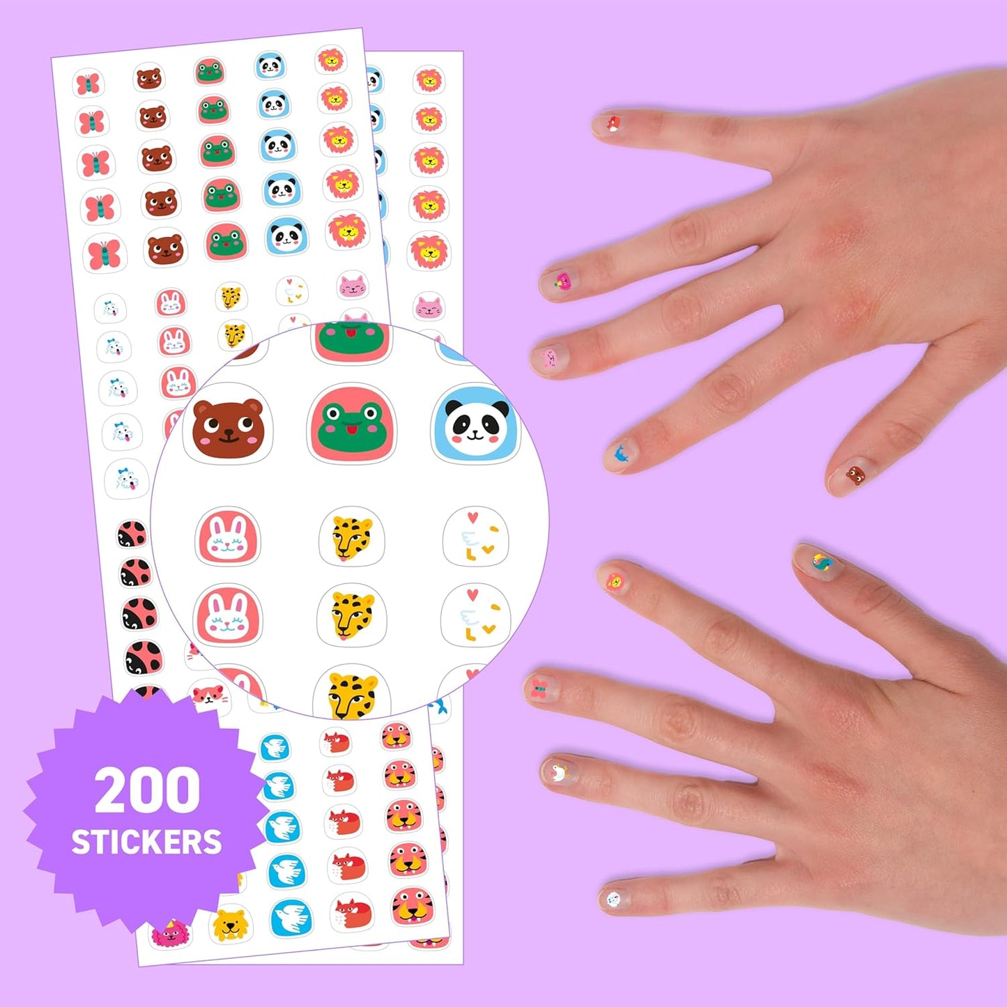 Omy Friends & Animals Nail Stickers for Kids - 200 Stickers, Waterproof, Durable, Fun, Creative Designs | Strong Enough to Last Through Hand Washing - Easy to Apply, Safe, Non-Toxic | Age 3 and Up