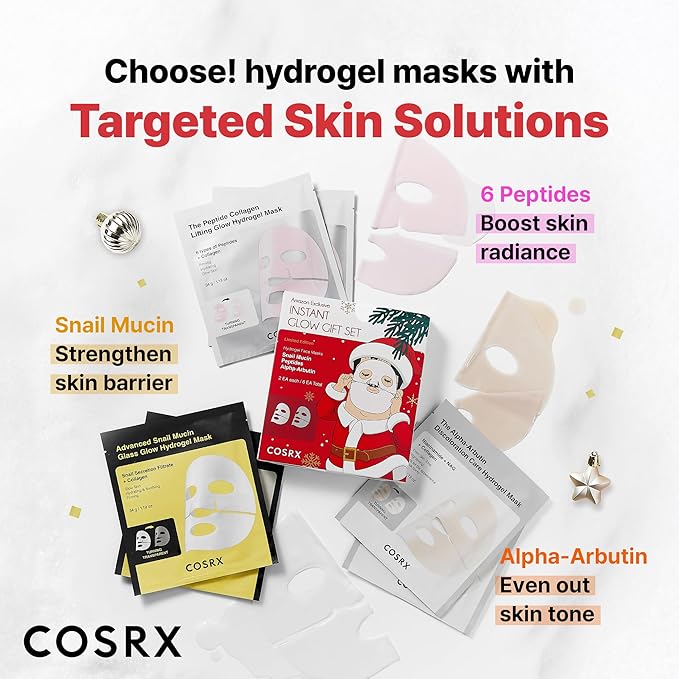 COSRX Glow-Boosting Face Mask Limited Holiday Gift Set 6ea, Snail Mucin, 6 Peptides & Alpha-arbutin for Glass skin, Collagen Face Mask, Korean Skin Care Set, Stocking Stuffers, Amazon Exclusive