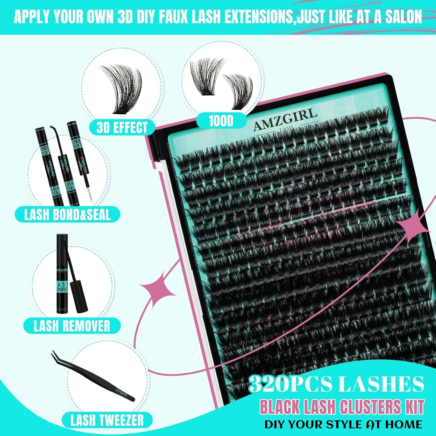 Lash Clusters Kit 320Pcs,100D DIY Individual Lashes Extension Kit,Lash Bond And Seal,Lash Remover For Eyelashes Extensions,Lash Applicator Tool For False Eyelash Cluster Kit At Home(D-Mix10-16mm)