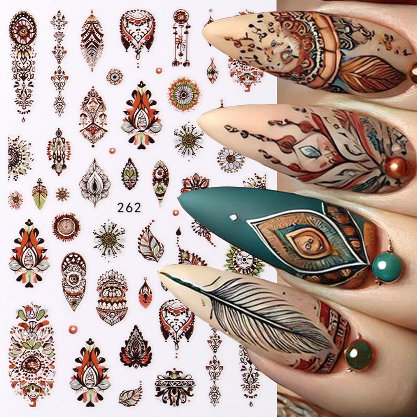 6 Sheets Bohemian Nail Art Stickers Decals Retro Feathers Nails Stickers for Nail Art Self-Adhesive Nails Decals