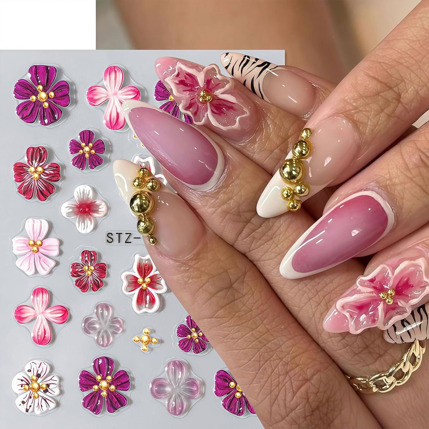 Flower Nail Art Stickers Decals, 4 Sheets 3D Self Adhesive Embossed Flower Nail Decals Nail Art Supplies Designs, Floral Nail Accessories for Women Girls