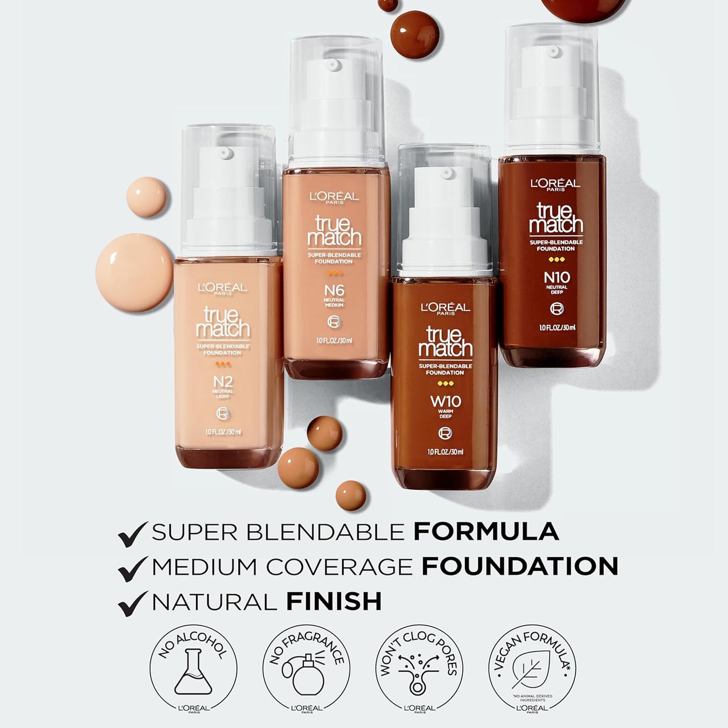 L'Oreal Paris True Match Super-Blendable Foundation, Medium Coverage Liquid Foundation Makeup, W10, Deep, 1 Fl Oz