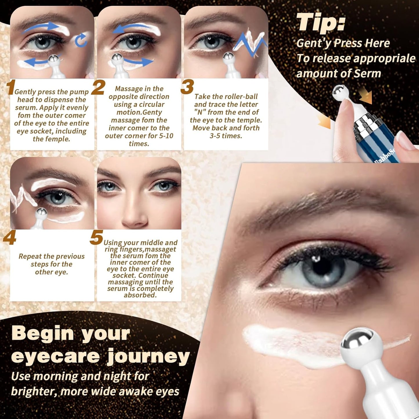 Caffeine Eye Cream and 24K Gold Eye Mask (20 pcs): Under Eye Serum for Dark Circles and Puffiness Eye Care Eye Serum Anti Aging with 360° Massage Ball Reduce Eye Bags, Wrinkles and Fine Lines