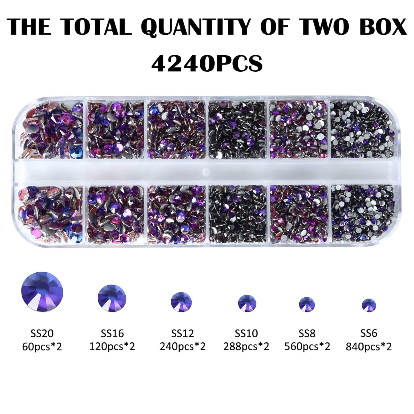 4240Pcs Purple Velvet Flatback Rhinestones 6 Sizes Crystal Diamonds for Nail Art Crafts Clothes Shoes with Tweezers and Picking Pen