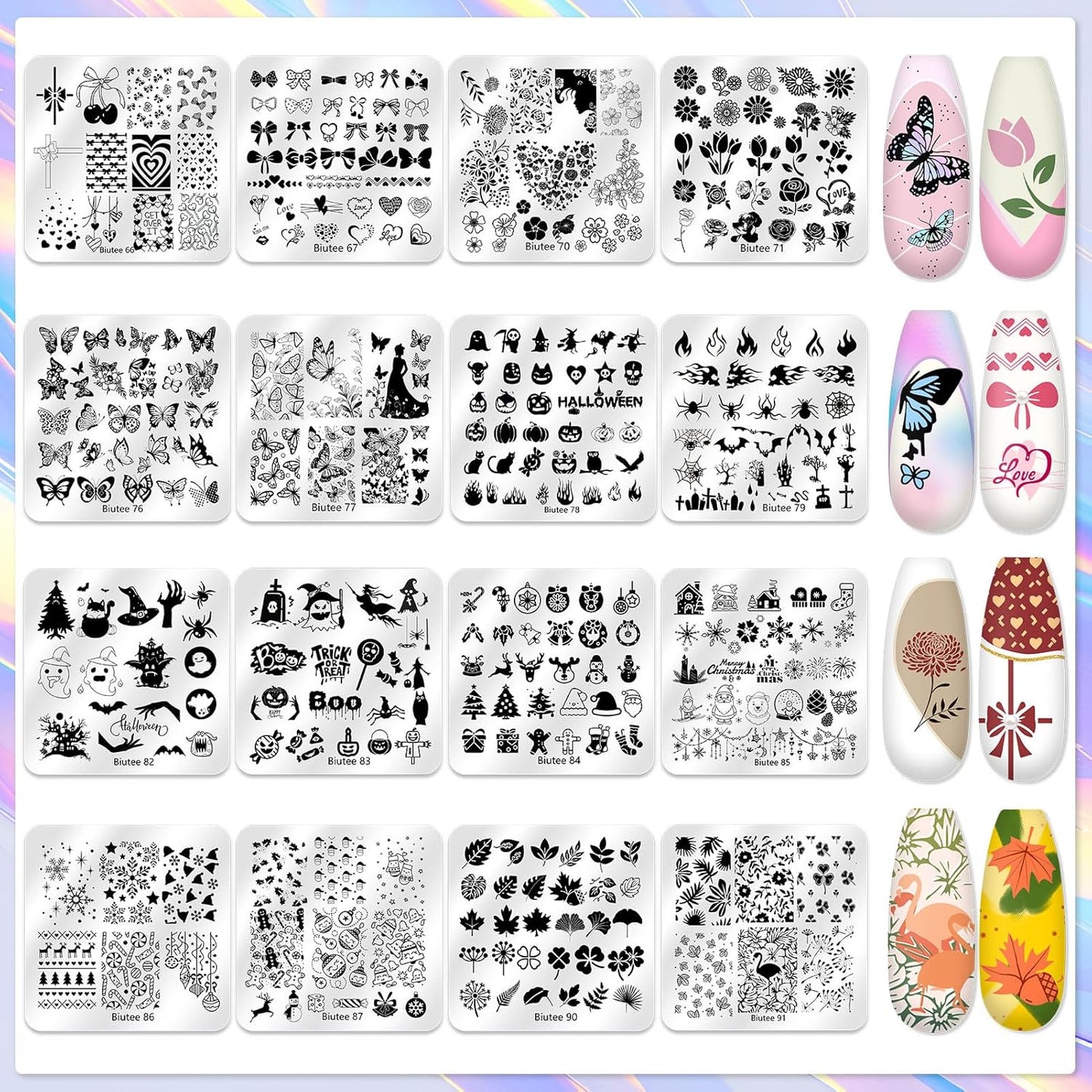 Biutee Nail Stamper Kit 16Pcs Nail Art Stamping Plate 8 Colors Stamp Polish Gel Silicone Stamper Scraper with Storage Bag, Nail Stamp Plates Love Flower Butterfly Leaf Template Halloween Design Gift