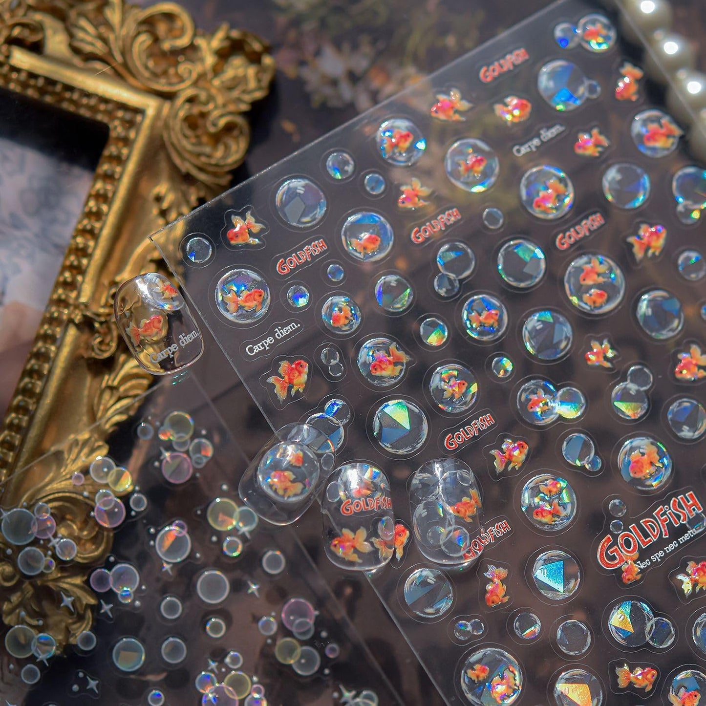 Goldfish Nail Art Stickers Sparkly Koi Fish Nail Stickers 5D Embossed Bubbles Chinese Style Manicure Decals Accessories Shell Light Goldfish Adhesive Slider for Women DIY Nail Art Decorations