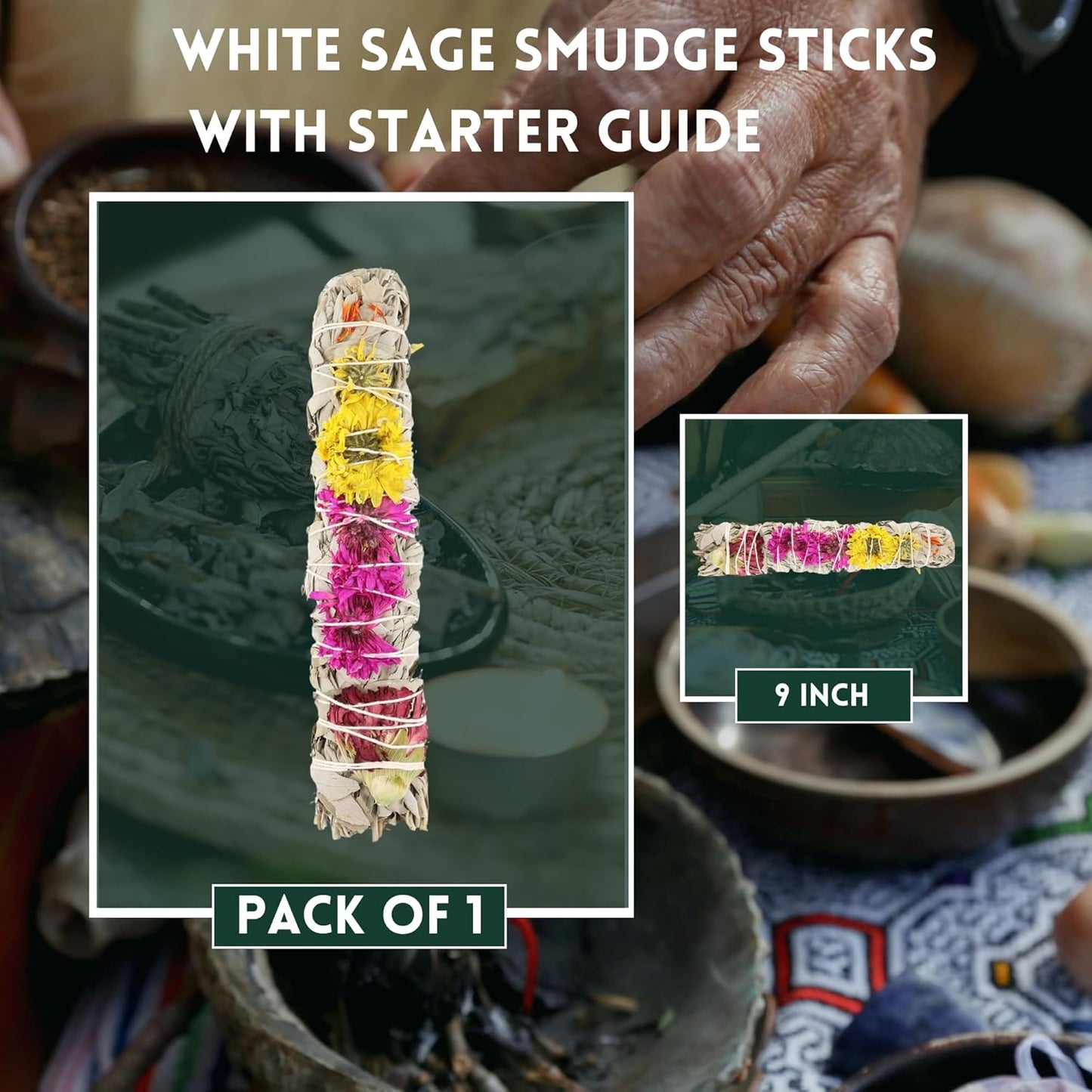 Ancient Veda Joy Organic White Sage Smudge Sticks with Flowers for Cleansing Home, Meditation, Yoga, Healing and Smudging | Sustainably Sourced California White Sage Bundles (1 Pack - 9 Inch)