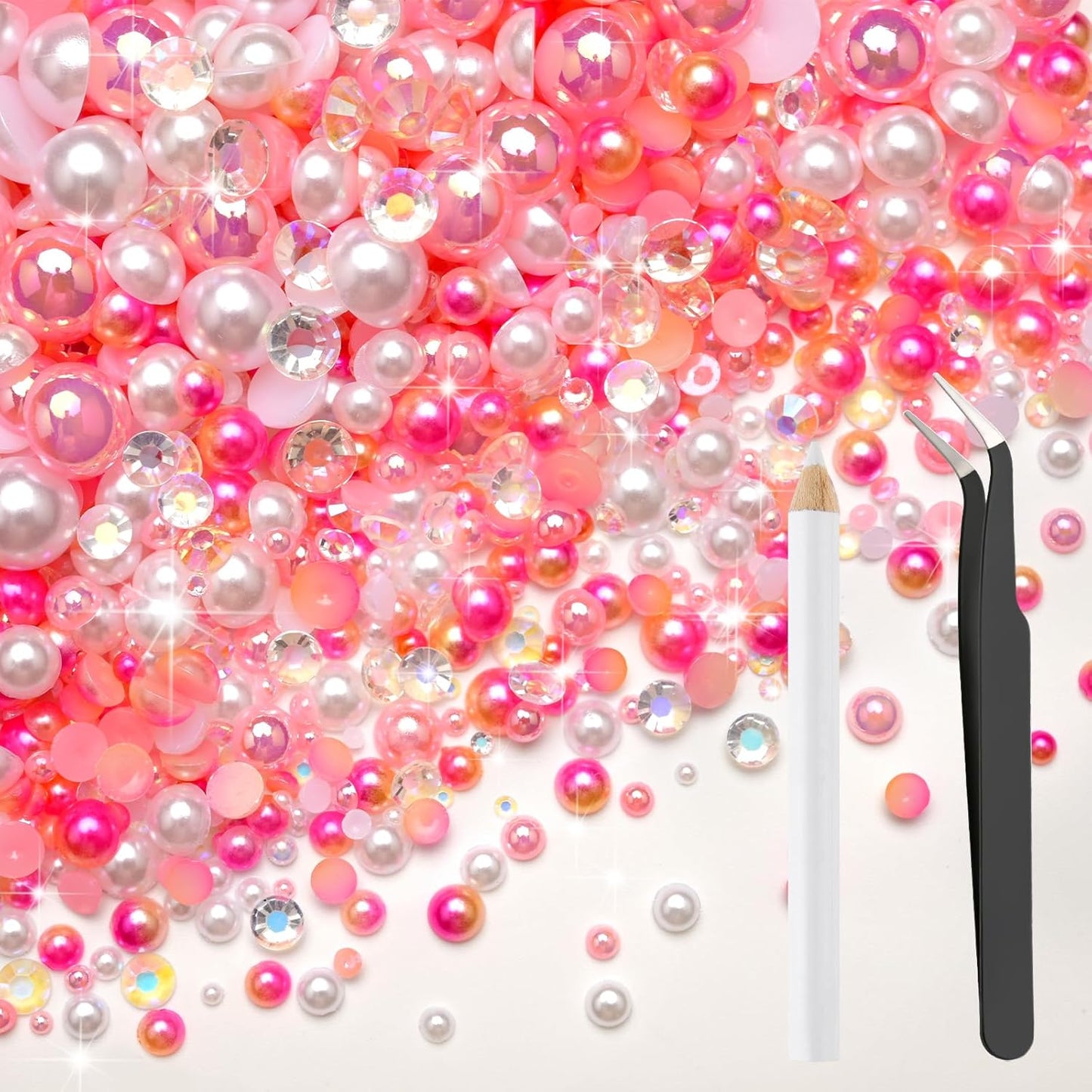 80g Mix Flatback Pearls and Rhinestones for Crafts Pink White Mixed Size 2mm-10mm Half Round Pearls Rhinestones for Nail Art Tumblers Shoes DIY Bedazzling with Tweezers Wax Pen