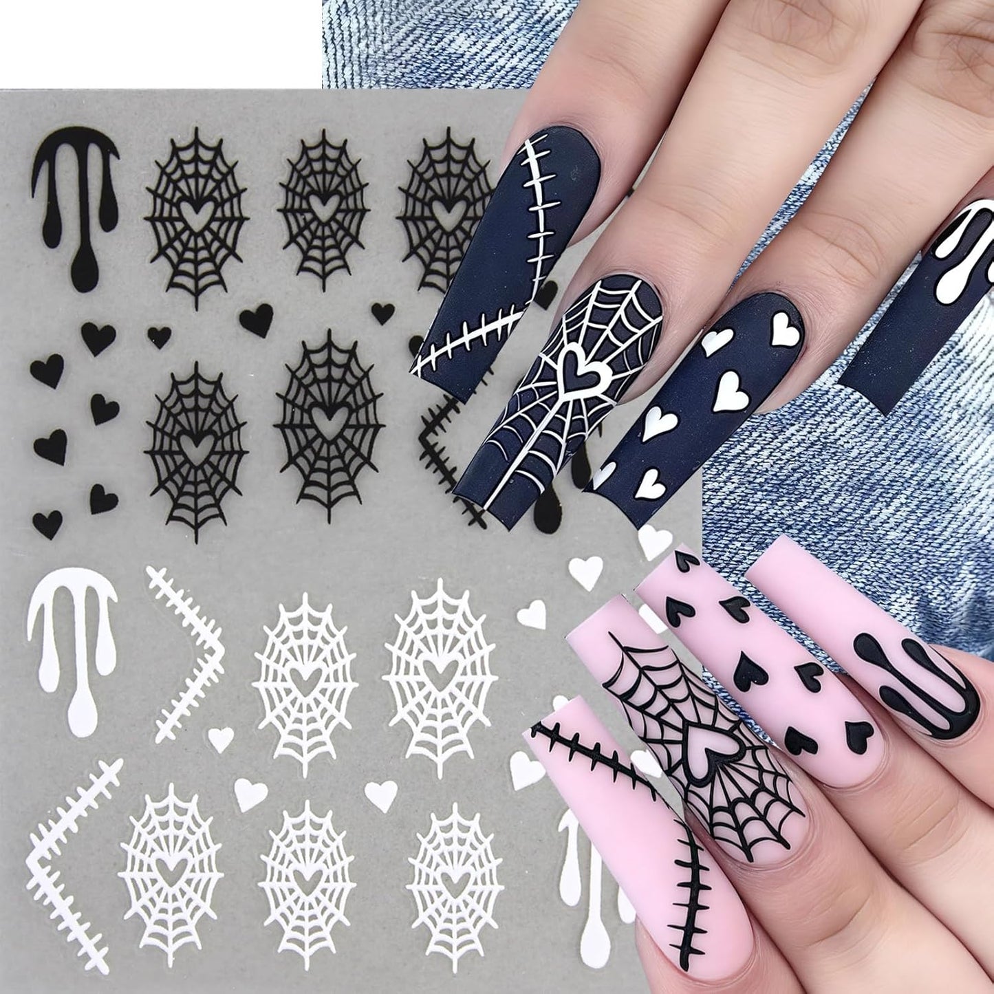 8 Sheets Spider Nail Art Stickers Halloween Ghost Nail Decals 3D Self-Adhesive Black White Heart Spider Web and Rhinestones Spiders Nail Design Acrylic Nails Decoration for Women Holiday Nail Charm