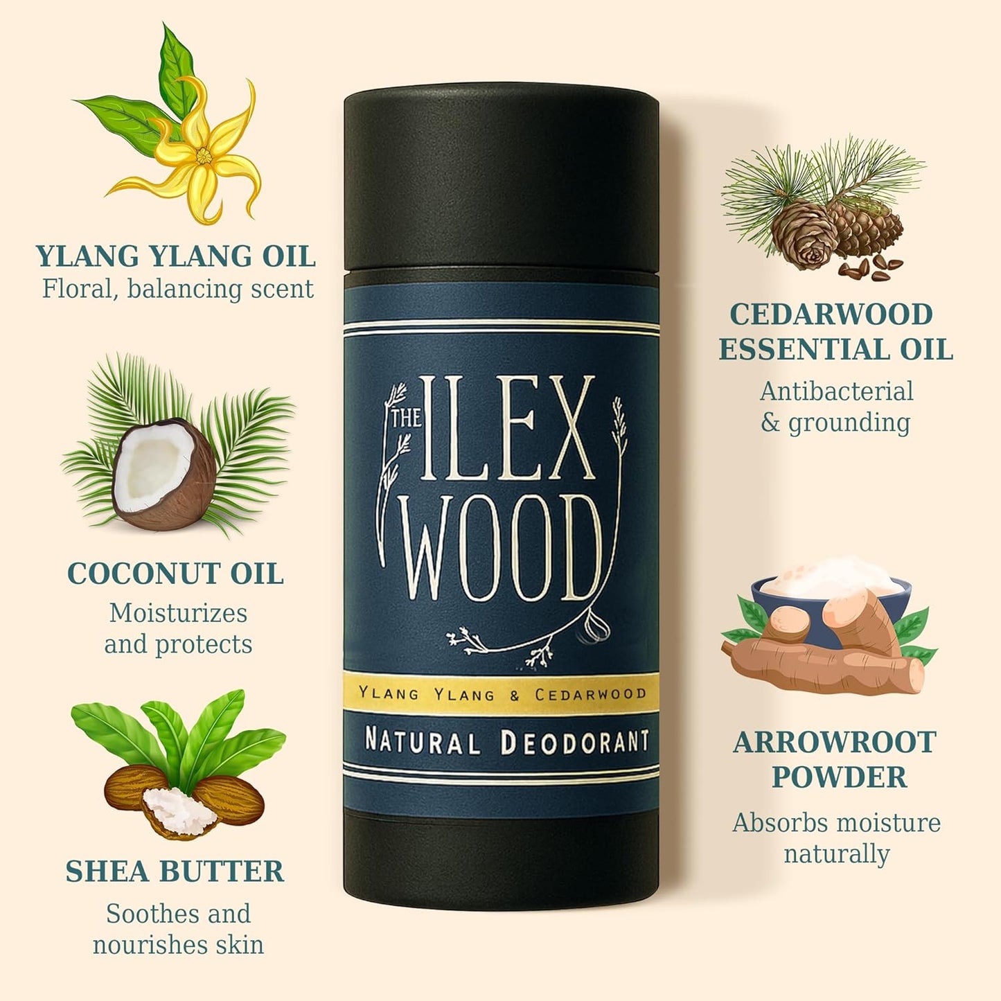 The Ilex Wood - Ylang Ylang & Cedarwood Natural Deodorant - 2.4 fl oz. Natural Deo in Recyclable Cardboard Tube, Vegan, no Plastic, no Alcohol, no Toxins, no Aluminium Salt & Cruelty Free for Women & Men