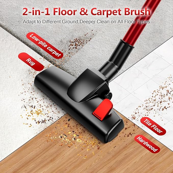 Corded Vacuum Cleaner for Home, 600W Powerful Stick Vacuum, 2 in 1 Vacuum Cleaners,1.2 L Dust Cup, Corded Handheld Vacuum Pet for Hair, Short-Pile Carpet, Hardfloor (Red)
