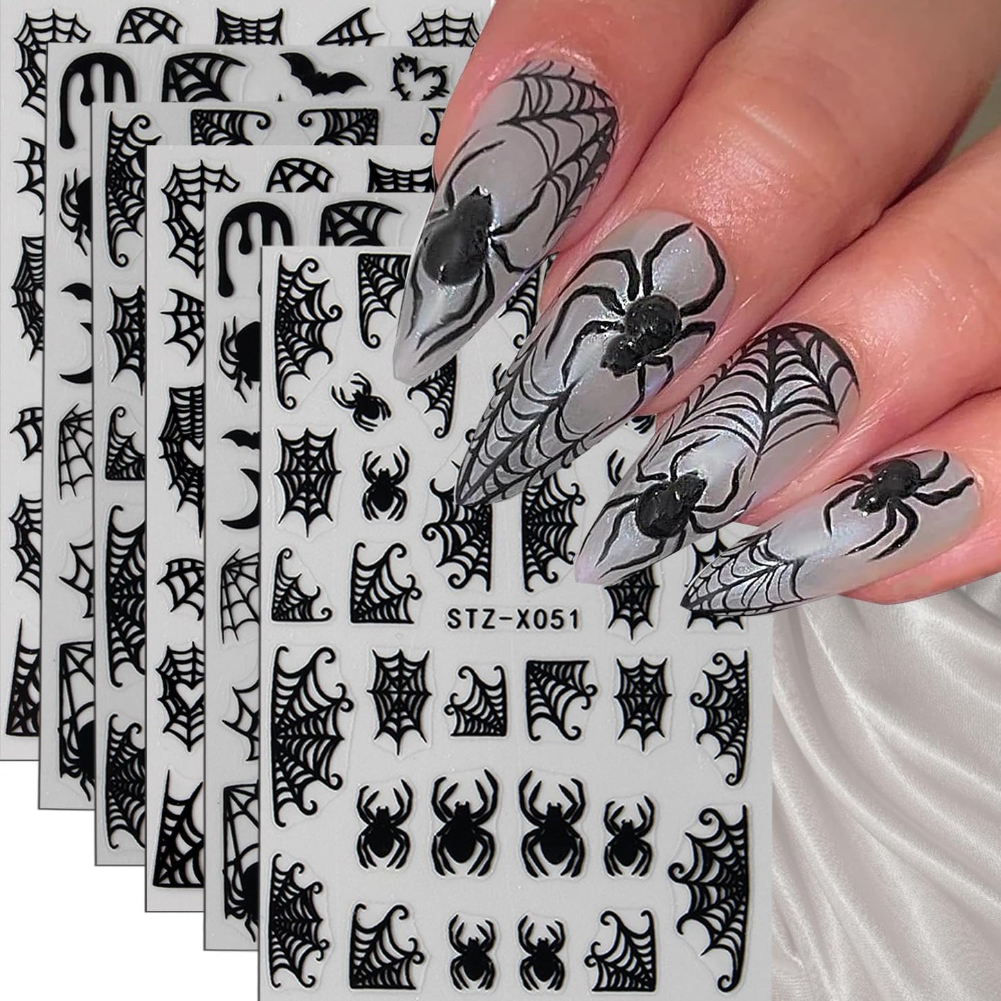 6Pcs Halloween Nail Stickers Spider Web Nail Decals DIY Self Adhesive Cobweb Nail Design Halloween Nail Decoration Supplies Holiday Manicure Accessories for Women