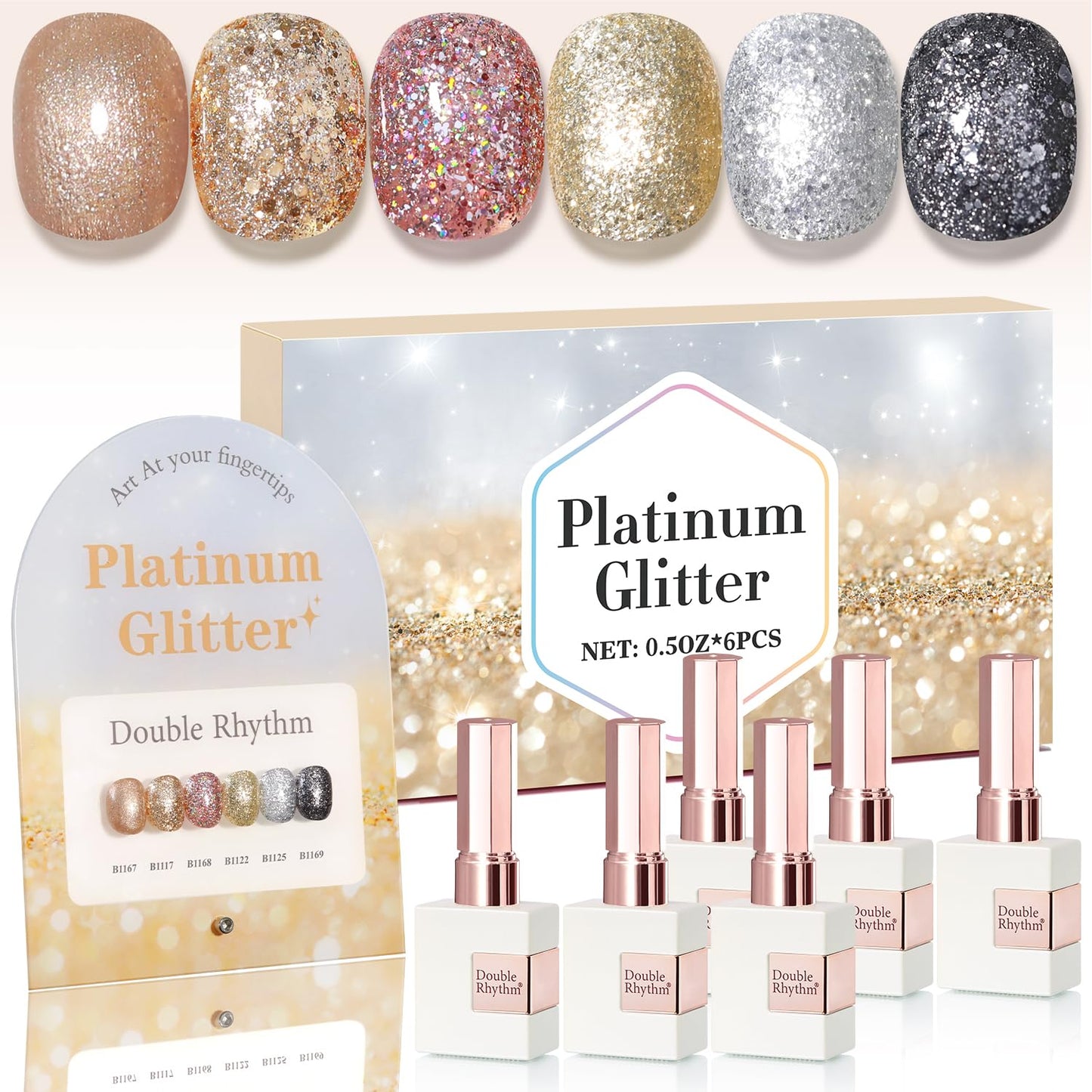 Double Rhythm 0.5 Oz Glitter Gel Polish Set of 6 Color with Display Borad 15 ml Full Size Kit Shimmer Reflective Sparkle Soak Off Manicure Salon DIY at Home (Rose Gold Silver Black Bright-T6-38)