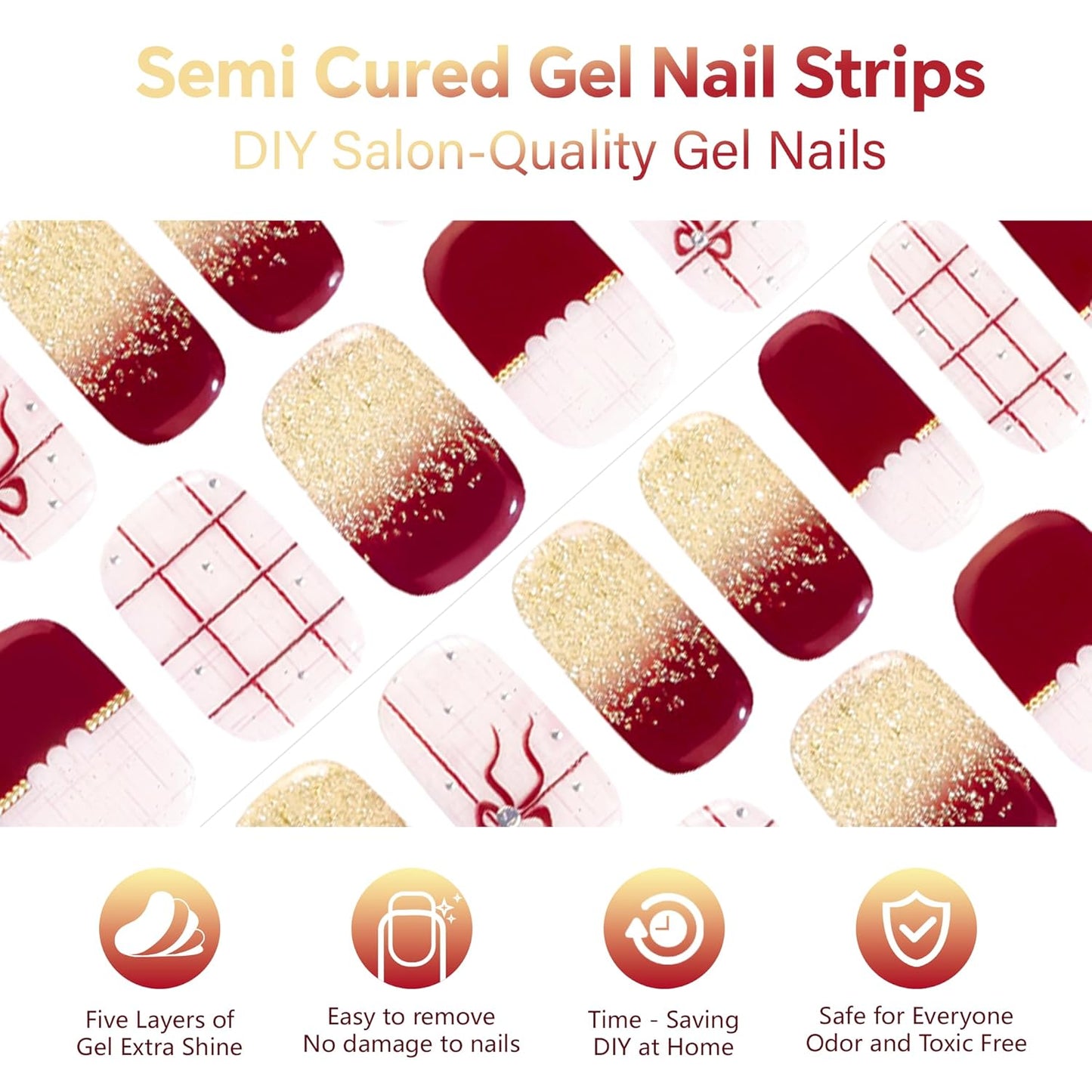 Semi Cured Gel Nail Strips-Salon Quality Semi-Cured Gel Press On Nails Stickers Quick DIY Nail Art Manicure Kits for Women at Home Works with Any UV/LED Lamps(Bow Ballet)