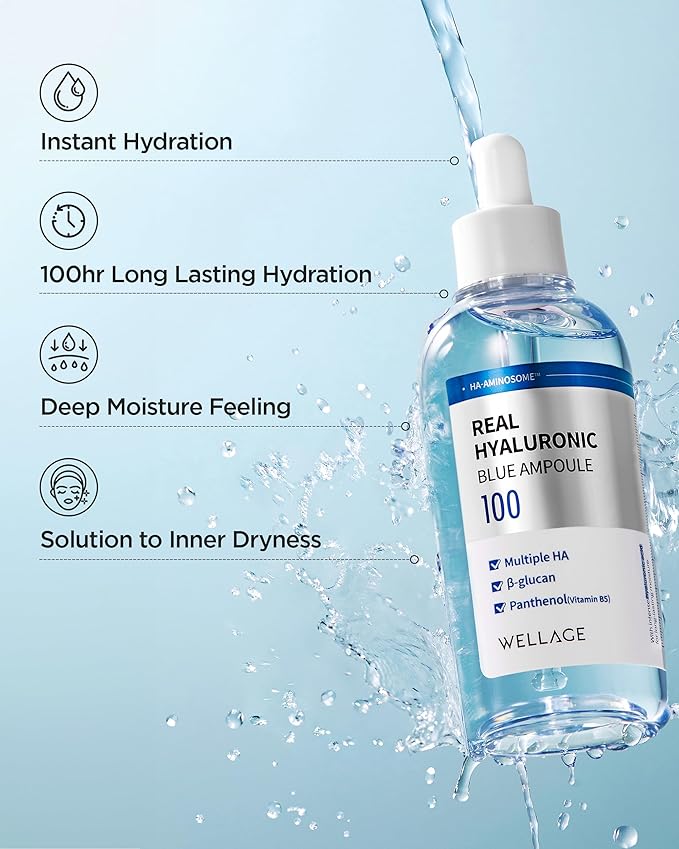 WELLAGE Real Hyaluronic Blue Ampoule 100, Value Review Korean Skincare, Fragrance Free Hyaluronic Acid Serum with Panthenol, Wild yam, Centella, Deep Hydration, Firming, Plumping, Non-Sticky 2 Pack