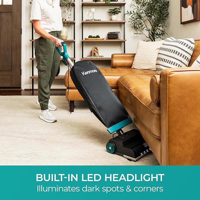 Kenmore BU1001 B200 Series Commercial Grade Vacuum Cleaner Lightweight 14L Capacity Bagged Upright Vac with LED Headlight and 2-Speed Setting Powerful Suction for Pets, Carpets & Hard Floor