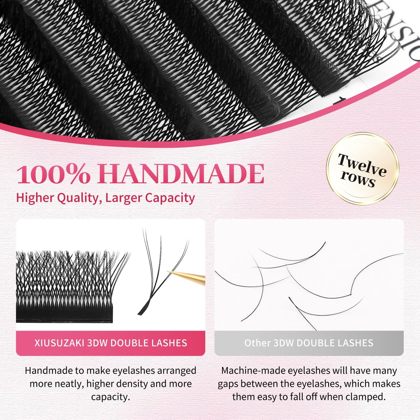 Lash Extensions Double Tips 3D Eyelash Extensions W Shape 0.07mm Thickness D Curl 9mm Premade Fans Easy Fan Volume Matte Black Crisscross Eyelashes(W-3D-Double Tips-0.07-D,9mm)