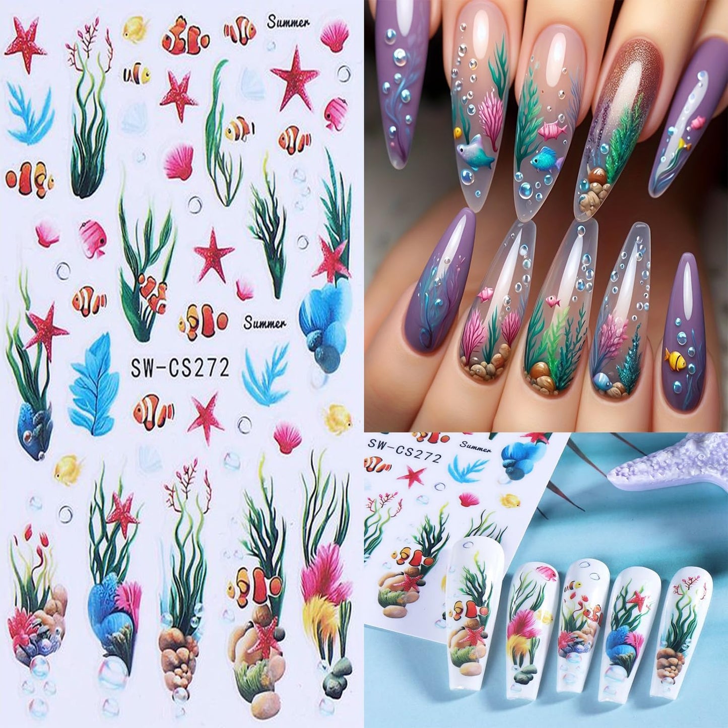 6 Sheets Ocean Plant Nail Art Stickers 3D Self -Adhesive Colorful Seaweed Shell Nail Decals Holographic Cute Fish Starfish Bubbles Nail Stickers Summer Nail Decoration for Women Manicure Supplies