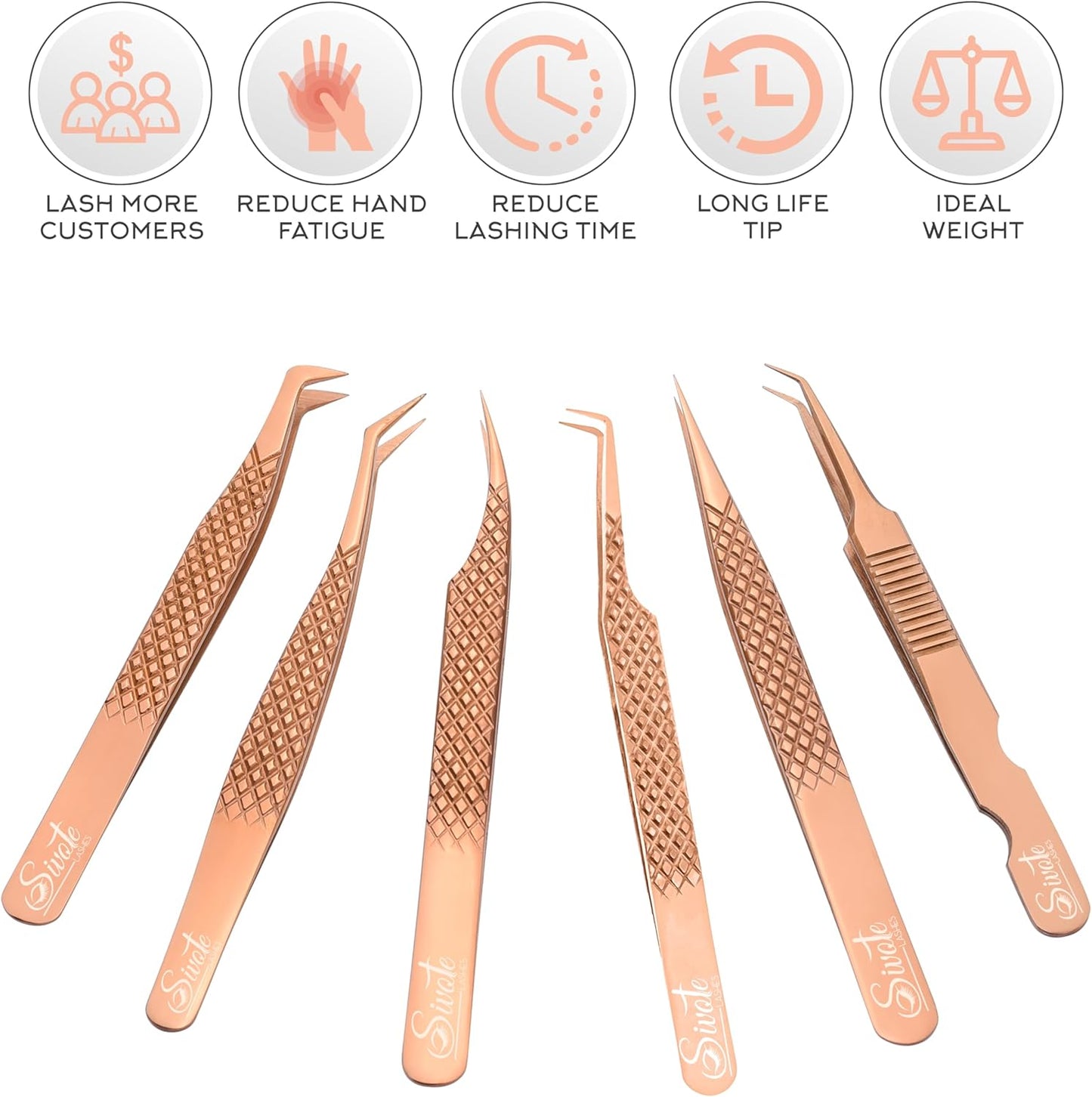SIVOTE Eyelash Extension Tweezers Fiber Tips Japanese Steel, Set of 6 – Curved, Dolphin, 90° 45° Volume Boot & Slight Curved Tweezer – Professional Lash Tweezers for Lash Extensions Rose Gold