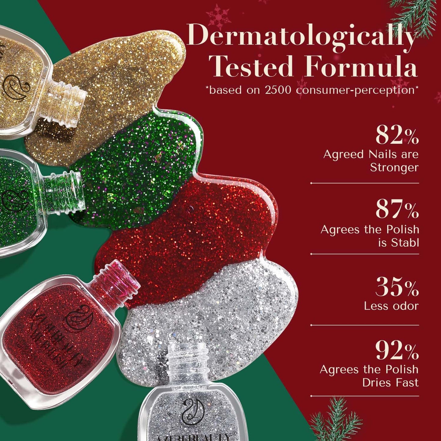 AZUREBEAUTY Nail Polish Set, 4 Colors Christmas Glitter Red Green Gold Silver Quick Dry Natural Fingernail Lacquer Strengthening Treatment Kit with Top Coat DIY Salon at Home