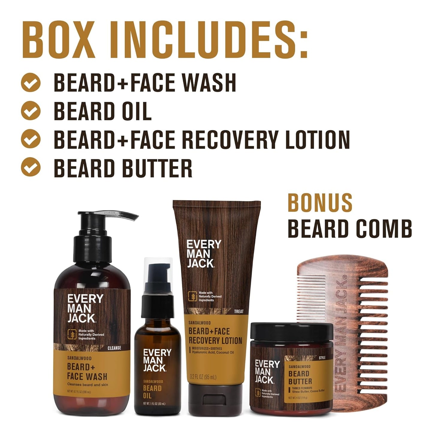 Every Man Jack Men's Sandalwood Beard Set - Perfect for Every Guy - Five Grooming Essentials For a Complete Routine - Beard + Face Wash, Beard + Face Lotion, Beard Oil, Beard Butter, and Beard Comb