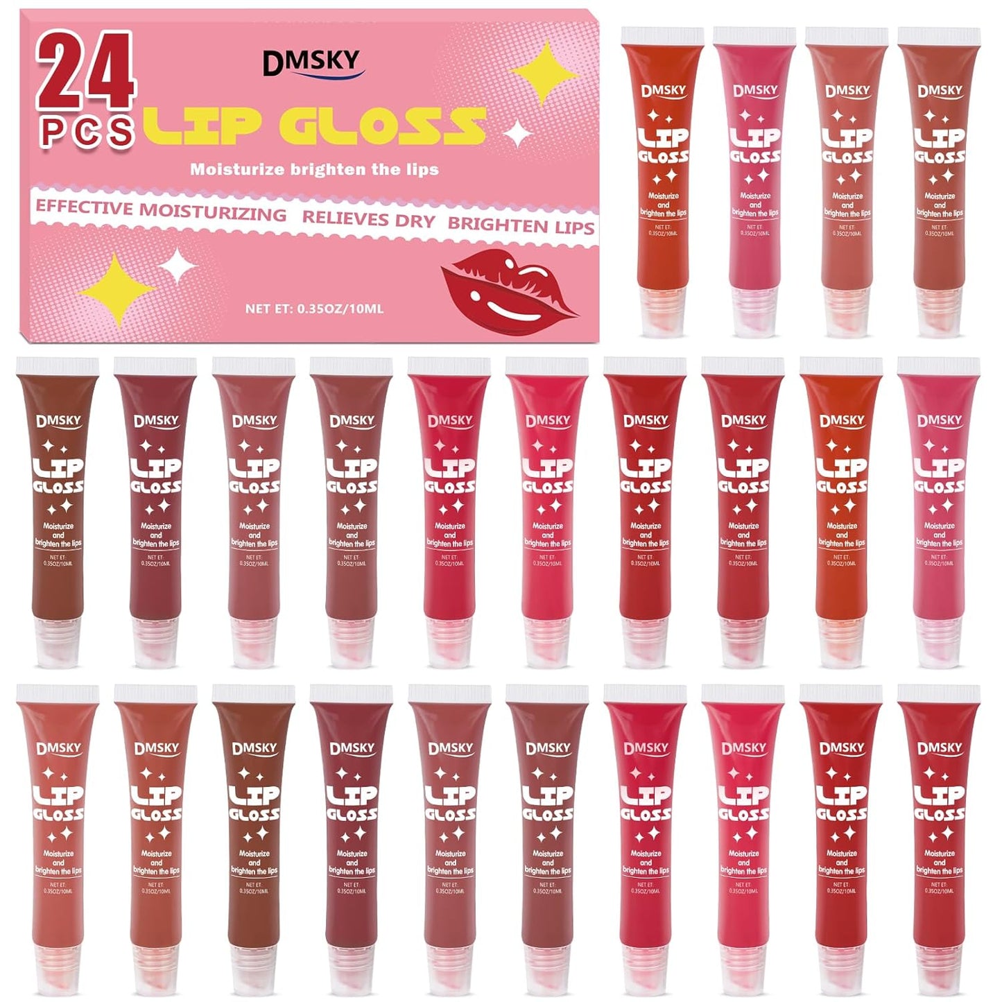 Dmsky 24 Pack Lip Gloss Set, 12 Colors Lip Oil for Dry Cracked Lips, Moisturizing Lip Balm Infused with Vitamin E for a Sheer Tint Of Color
