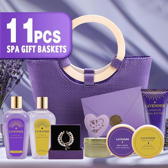 Spa Luxetique Gift Baskets for Women, Mothers Day Gifts for Mom, 11pcs Lavender Sets, Relaxing Bath Sets for Women