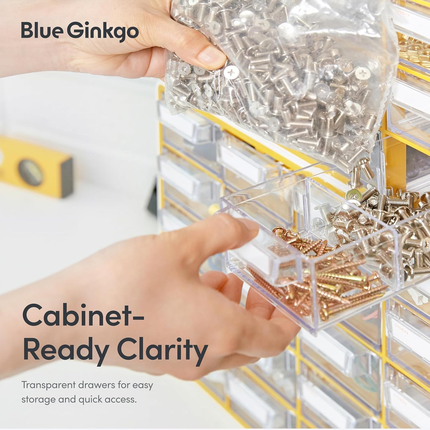 Blue Ginkgo Small 20-Drawer Cabinet – Stackable Clear Organizer for Hardware, Beads, Plastic Bricks, Office, and Craft Storage (Made in Korea, Yellow)