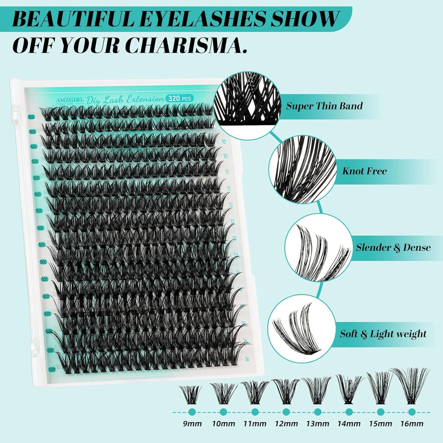 Lash Clusters Kit 320Pcs,50D Eyelash Extension Kit,Lash Bond and Seal Waterproof,Lash Remover for Individual Cluster Lashes Kit,Lash Applicator Tool for DIY Lash Extension Kit(D-Mix9-16mm Kit)