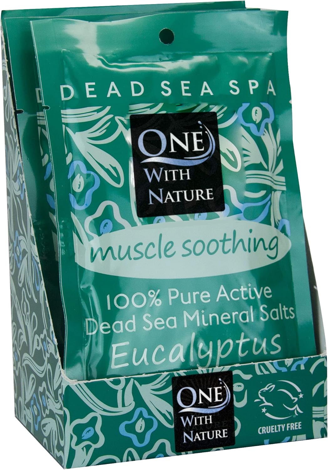 One With Nature 100% Pure Dead Sea Salt for Bath Eucalyptus, 2.5oz 6Pack. Dead Sea Salt is high in 21 Essential Minerals, Such as Magnesium, Sulfur, Zinc, Potassium. Skin Nourishing and Therapeutic.