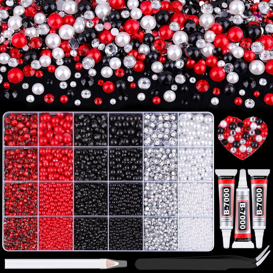 9000Pcs Flatback Pearls and Rhinestones for Crafting, Red White Black Mixed Size 3-8mm Resin Rhinestones and Half Pearls for Bedazzling, Nail Art and Decoration with 3pcs B7000 Jewelry Glue