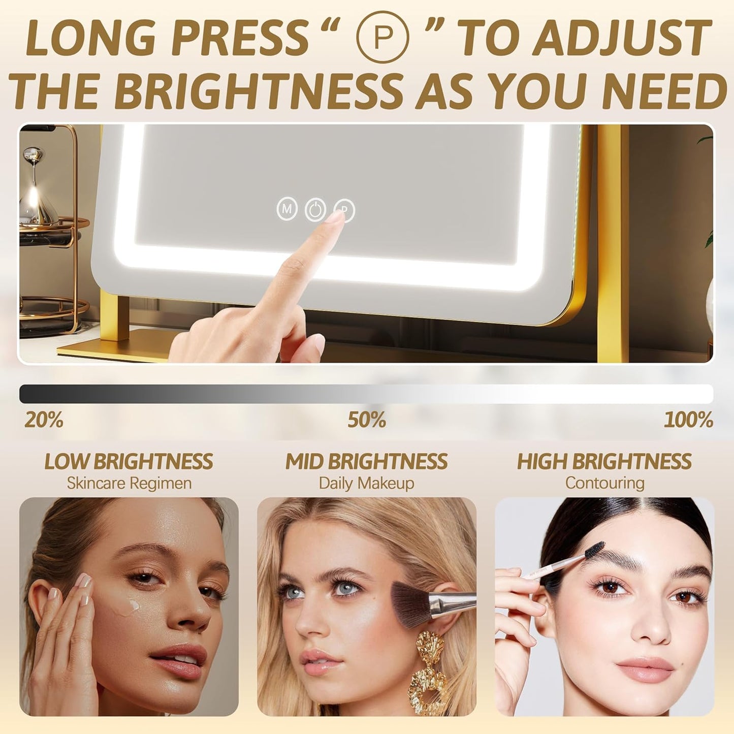 Vanity Mirror with Lights, 18"x22" LED Makeup Mirror with 10X Magnification, Smart Touch 3 Colors Dimmable, Light Up Mirror for Makeup Desk, 360° Rotation, Gold