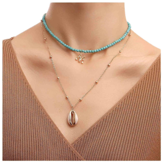 Bohemia Turquoise Beaded Choker Necklace Layered Shell Pendant Necklace Gold Letter Clavicle Necklace Double Layer Satellite Chain Necklace Jewelry for Women and Girls