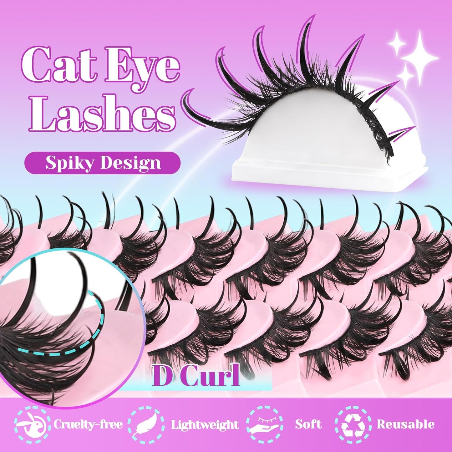 Losha Lashes Spiky Manga Lashes Wet Look Dramatic False Eyelashes 10 Pairs D Curl Cat Eye Lashes Kit with Lash Glue and Lash Tweezers Cosplay Anime Fake Eyelashes (Daring)