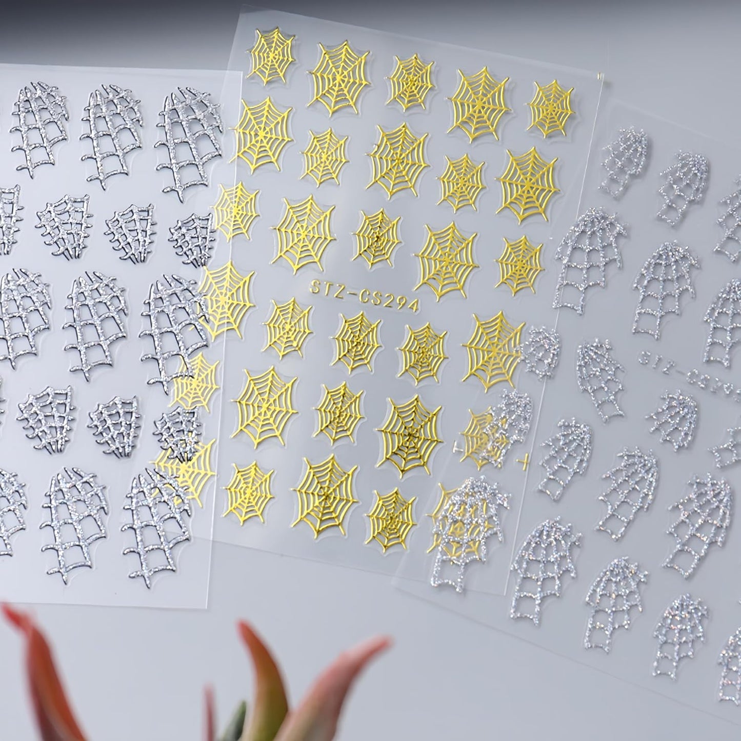 8 Sheets Halloween Nail Art Stickers Gold Silver Black Spider Web Nail Decals with Glitter Designs Nail Stickers 3D Self-Adhesive Spider Nail Supplies Horror Blood Drop Nail Decoration