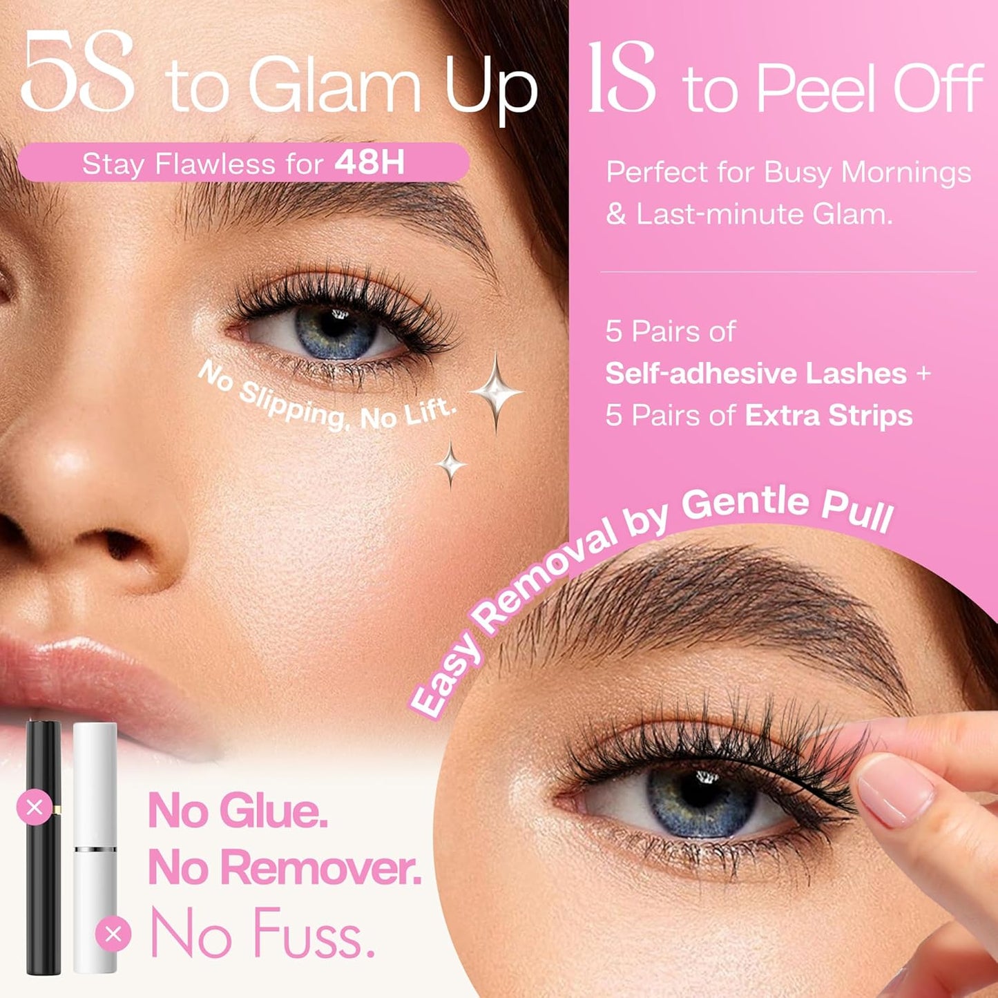 CALAILIS Self Adhesive Eyelashes 5 Pairs Natural Look Press On Lashes No Glue Need Eyelashes Reusable Cat Eye Wispy Self-adhesive False Lashes with Replacement Adhesive Strips (C122)