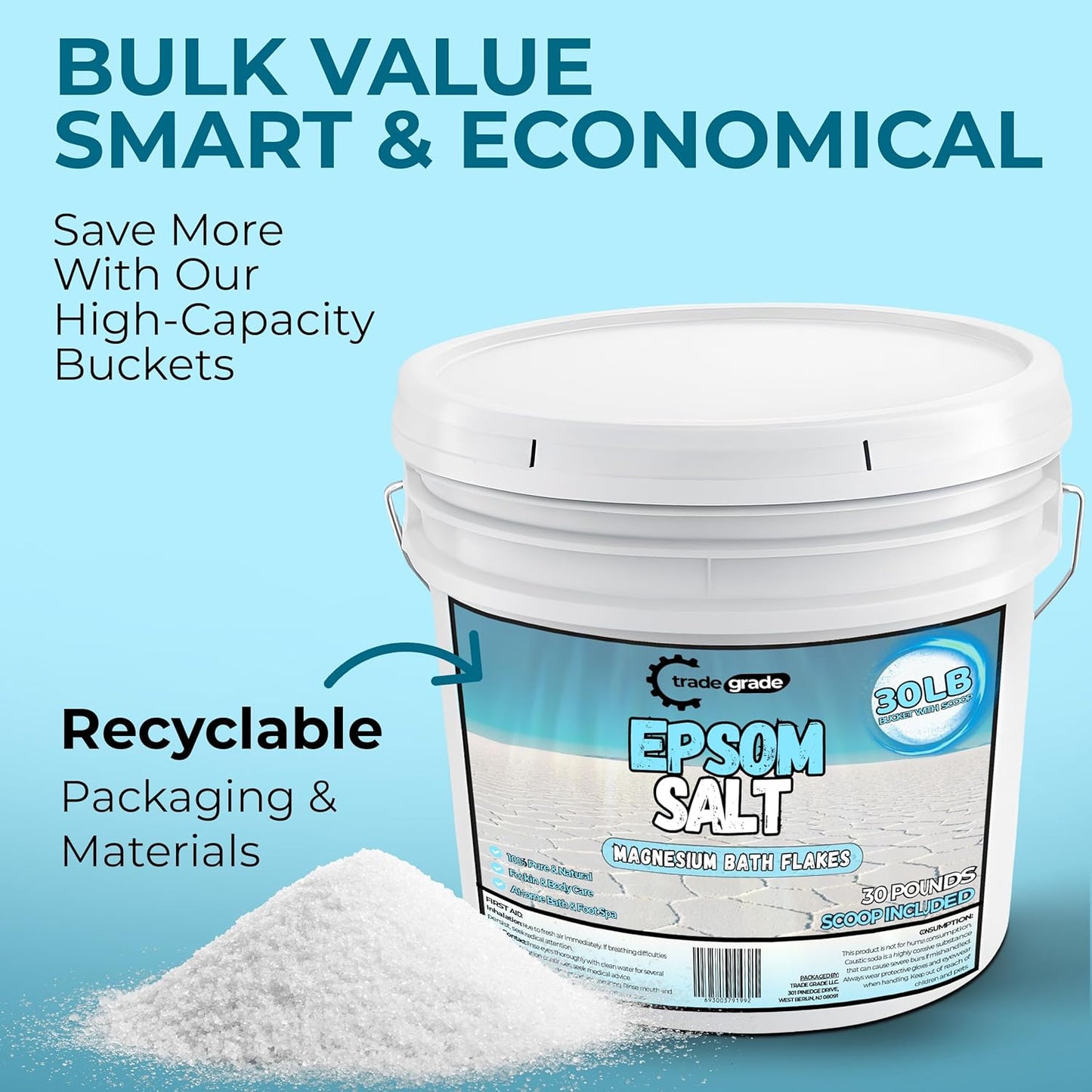 Epsom Salt Bath Soak 30 lb Bucket – Unscented, Pure Epsom Salt Bulk Crystals, Magnesium Sulfate for Full Body or Foot Soaks, Resealable Container with Scoop for Home Bath Use