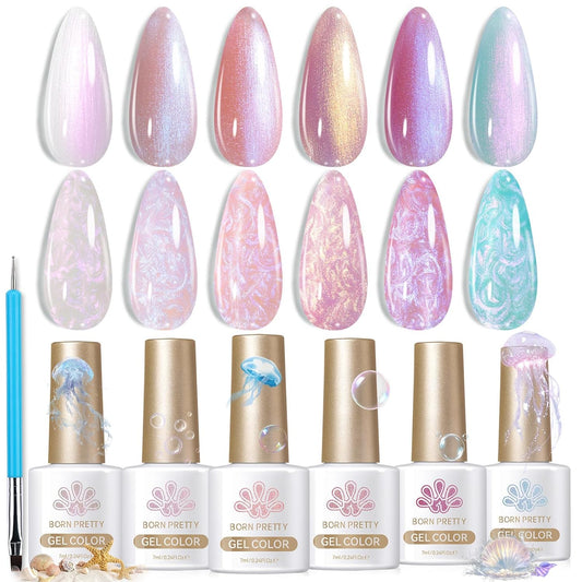 Born Pretty Pearl Gel Nail Polish Aurora Iridescent Glitter Shimmer Mermaid Pearl Gel Polish Drawing Gel Nail Polish Shell Swirl Thread Effect Nail Gel Soak Off Led Summer DIY Gift 6PCS