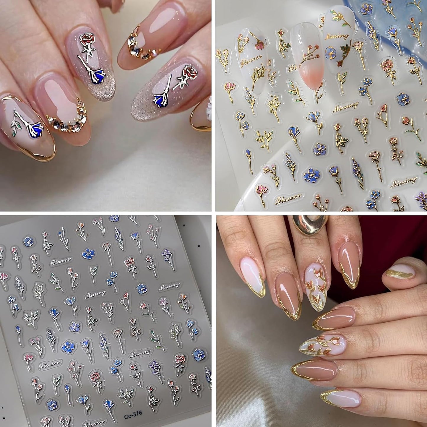 Spring Flower Nail Art Stickers Decals Blue Green Butterfly Nail Decals Self Adhesive 5D Embossed for Women Nails Design Decoraion 3D Flower Mails Stickers Supplies